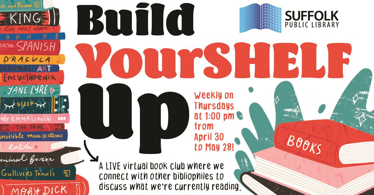 Build Yourshelf Up Book Club featuring graphics of colorful stacks of books