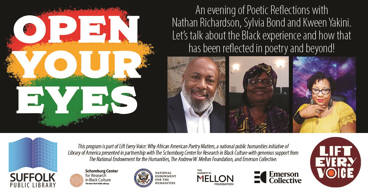 Open Your Eyes text over red yellow green background with photos of three presenters